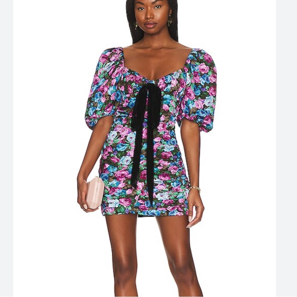 For Love & Lemons Floral Mini Dress in Pink, Purple, Blue and Green